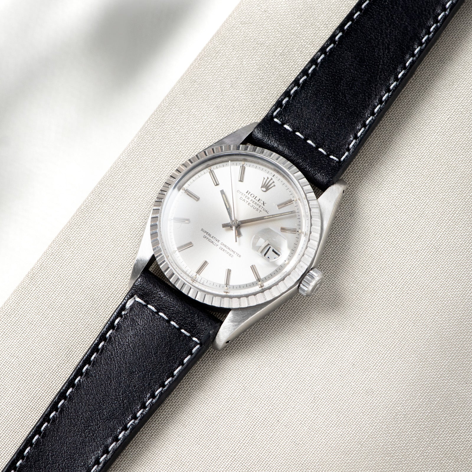 Black Boxed Stitch Leather Watch Strap - Image 5