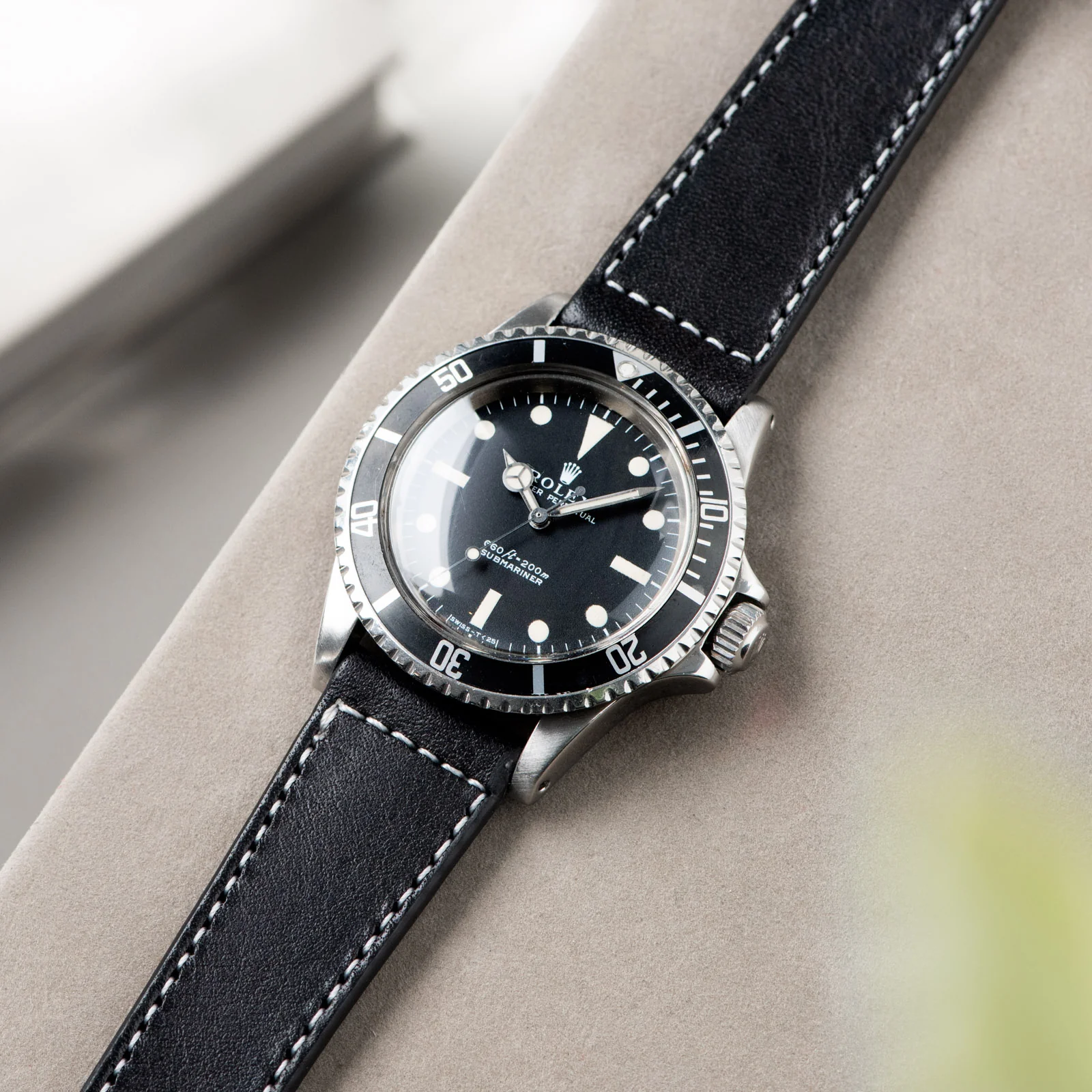 Black Boxed Stitch Leather Watch Strap - Image 6