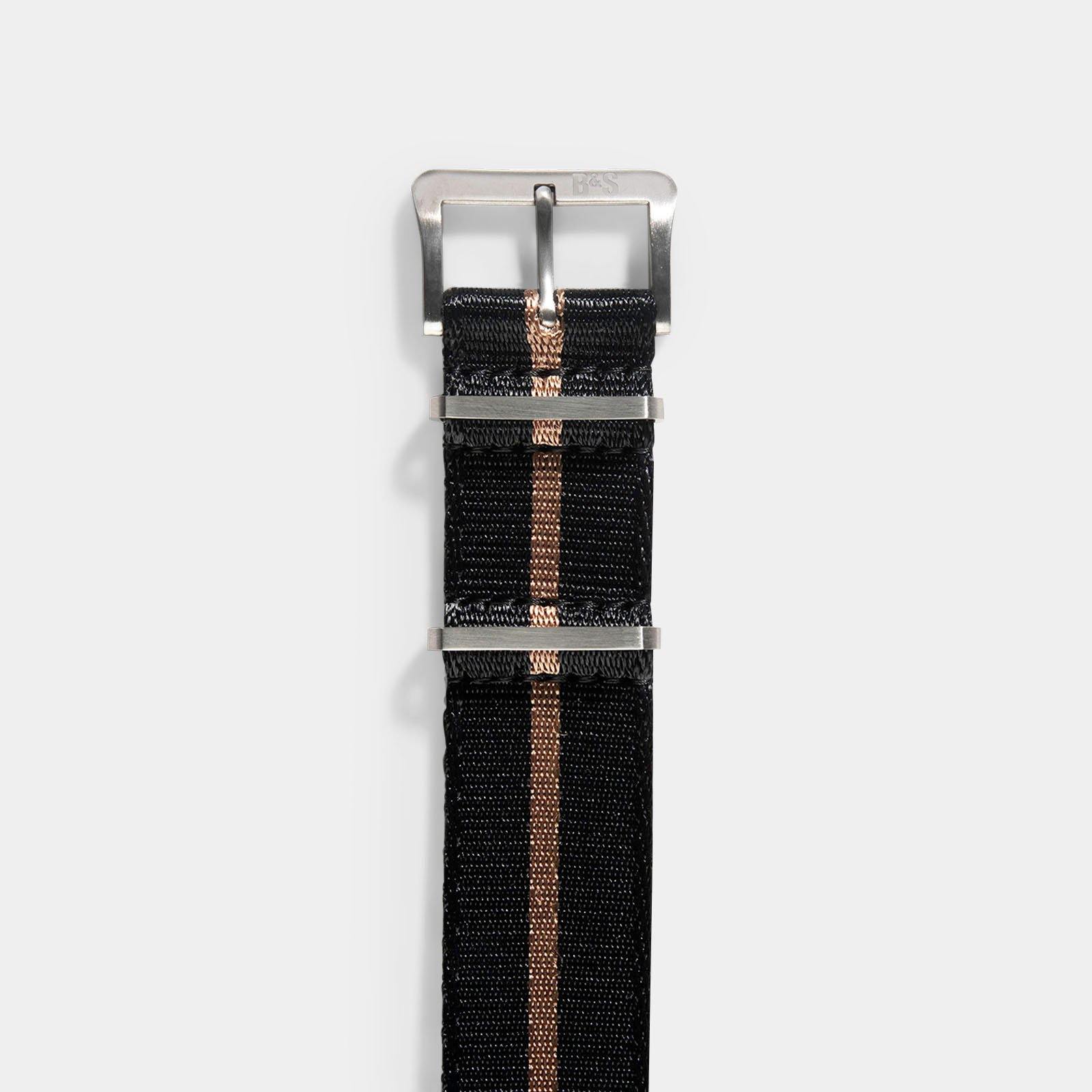 Deluxe Nylon Single Pass Watch Strap Black One Stripe Bronze - Image 3