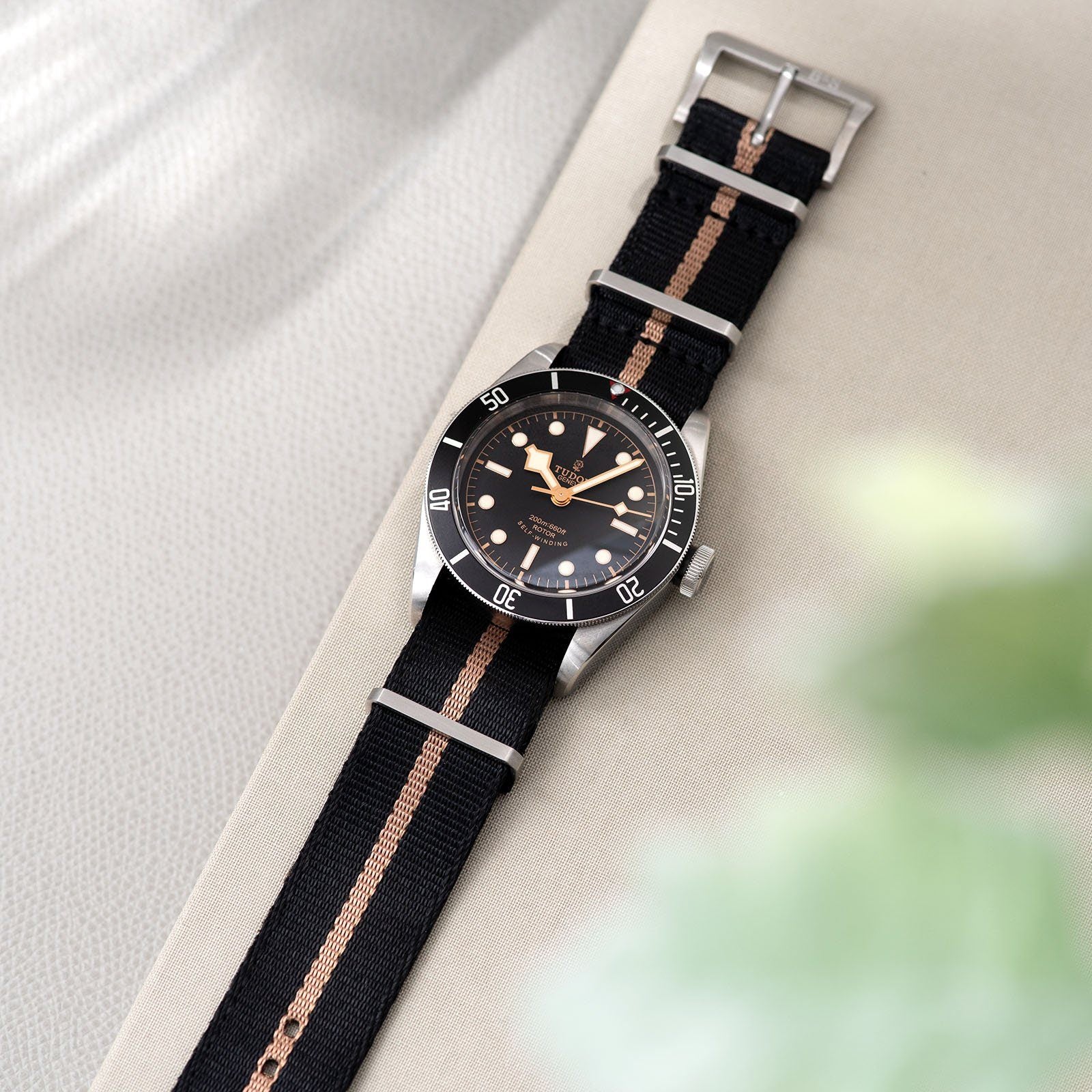 Deluxe Nylon Single Pass Watch Strap Black One Stripe Bronze - Image 4