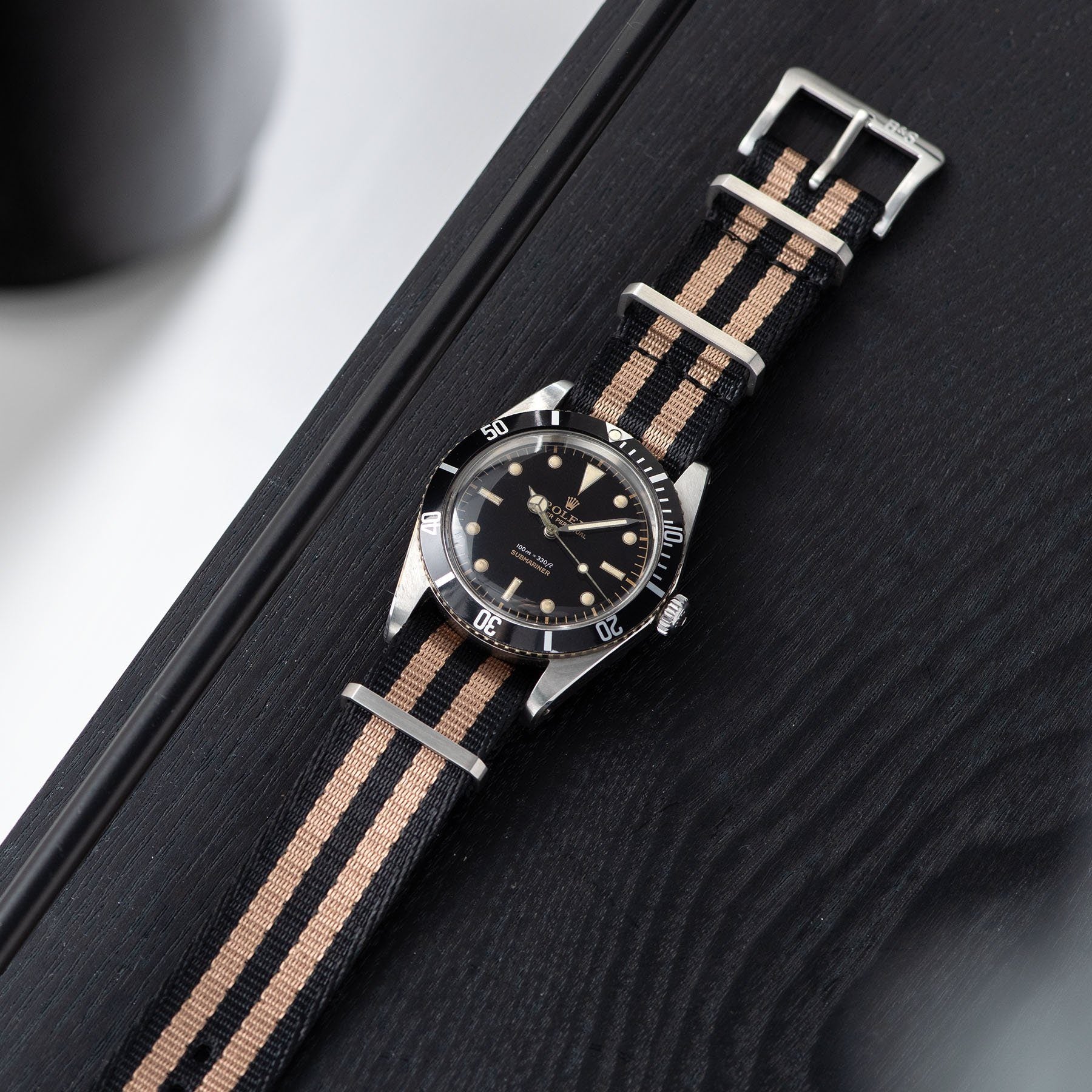 Deluxe Nylon Single Pass Watch Strap Black Two Stripe Bronze - Image 4
