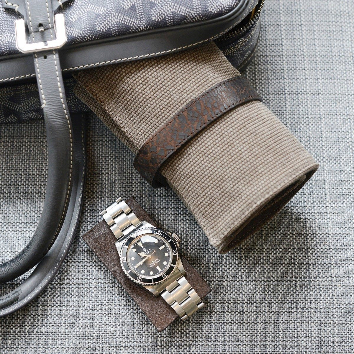 Grey Canvas 6 Watches Leather Roll - Image 5