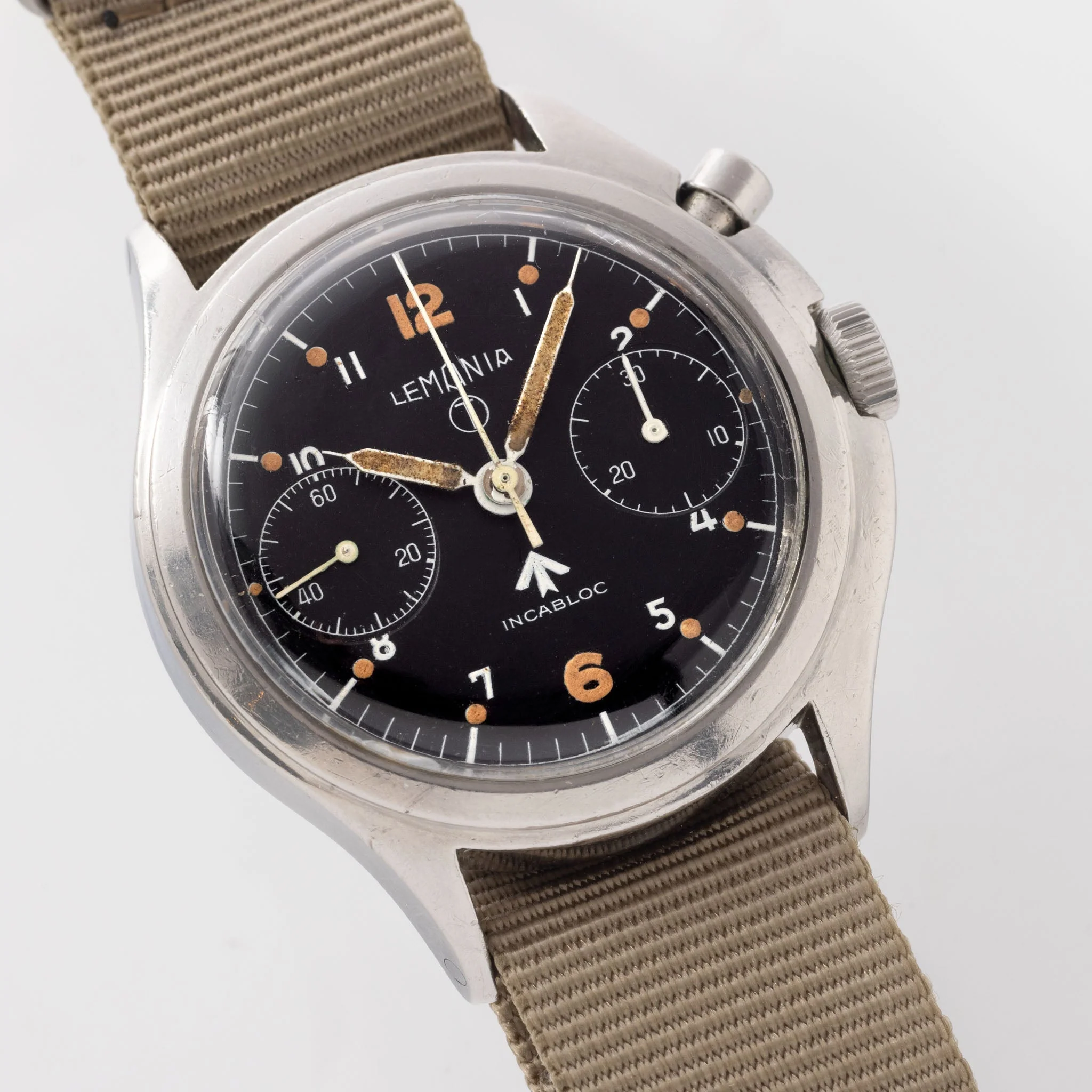 Lemania Monopusher Chronograph 6BB "Asymmetric Case" Military Chronograph Black Dial - Image 4