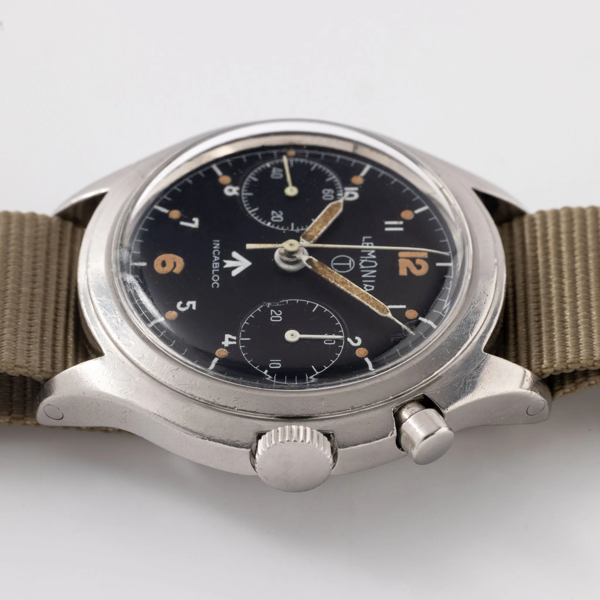 Lemania Monopusher Chronograph 6BB "Asymmetric Case" Military Chronograph Black Dial - Image 6