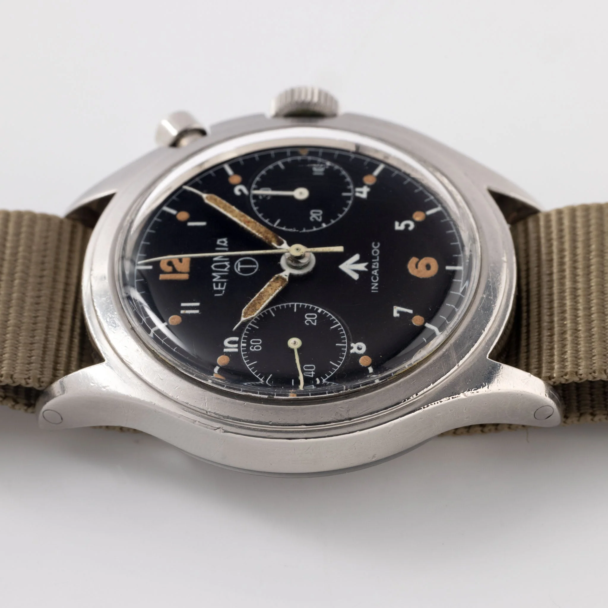 Lemania Monopusher Chronograph 6BB "Asymmetric Case" Military Chronograph Black Dial - Image 7