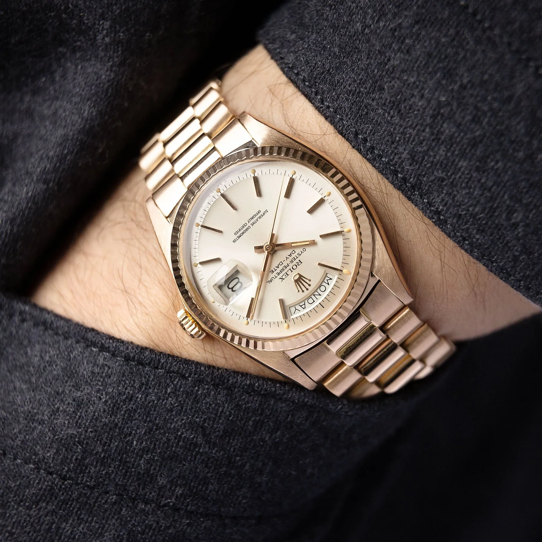 Rolex Day Date Pink Gold Silver Soleil Dial 1803 - Image 4