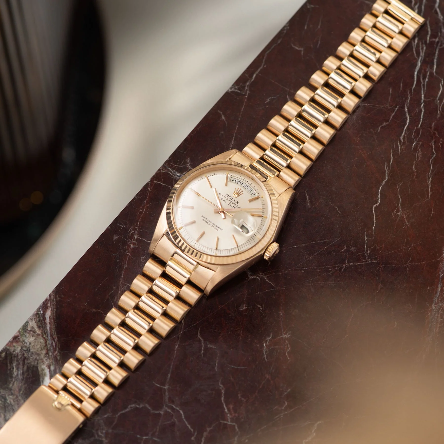 Rolex Day Date Pink Gold Silver Soleil Dial 1803 - Image 7