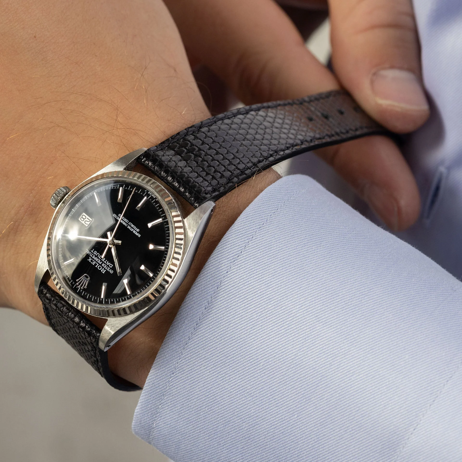 Slim Brilliant Black Lizard Leather Watch Strap - Image 8